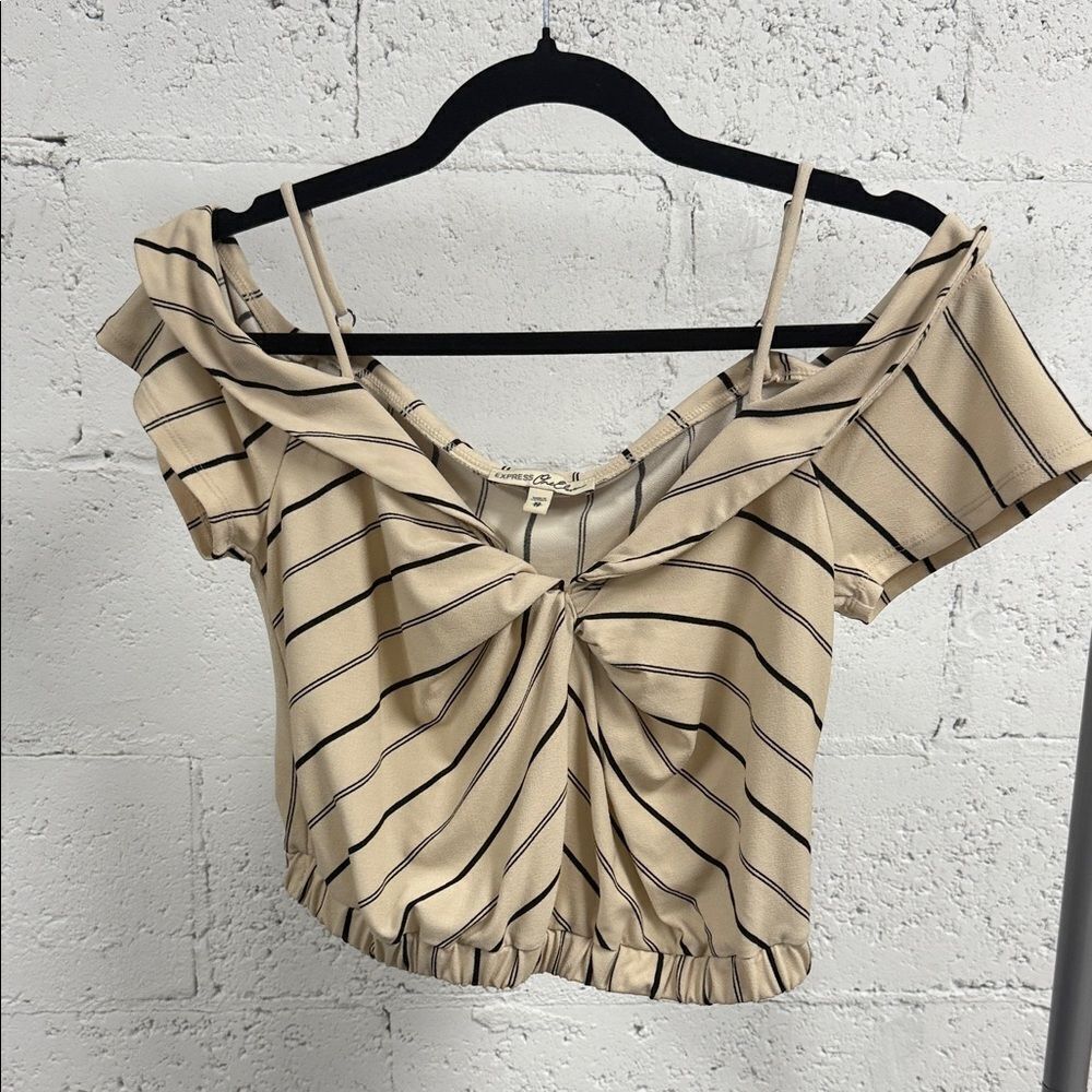 Express One Eleven - Beige Striped Off-Shoulder Crop Top XS - Like New